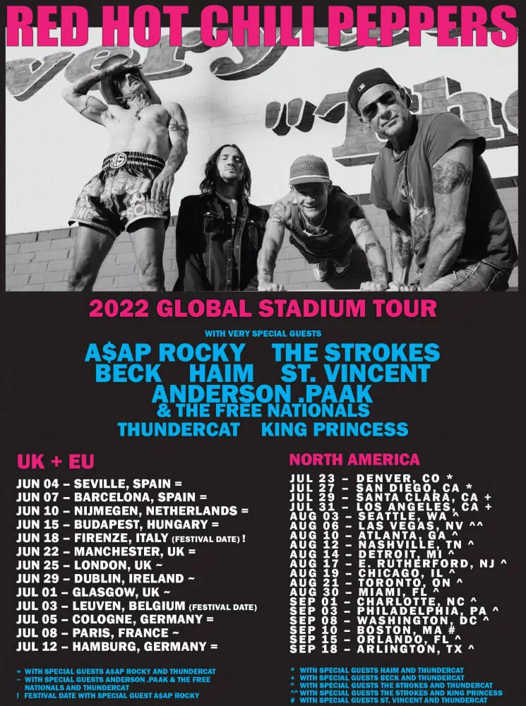 RED HOT CHILI PEPPERS 2022 WORLDWIDE TOUR DATES: